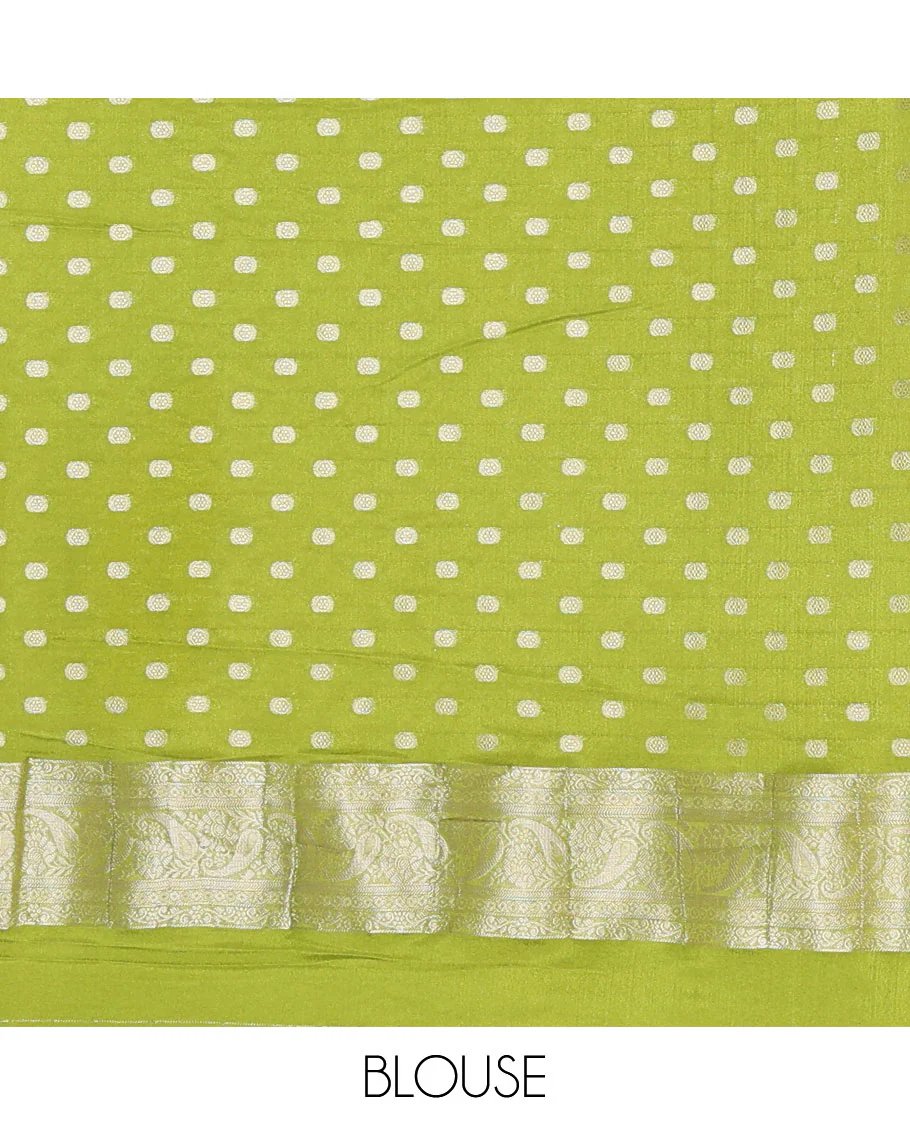 Parrot green geometric zari design fancy crepe saree, traditional zari border & intricate pallu - Image 4