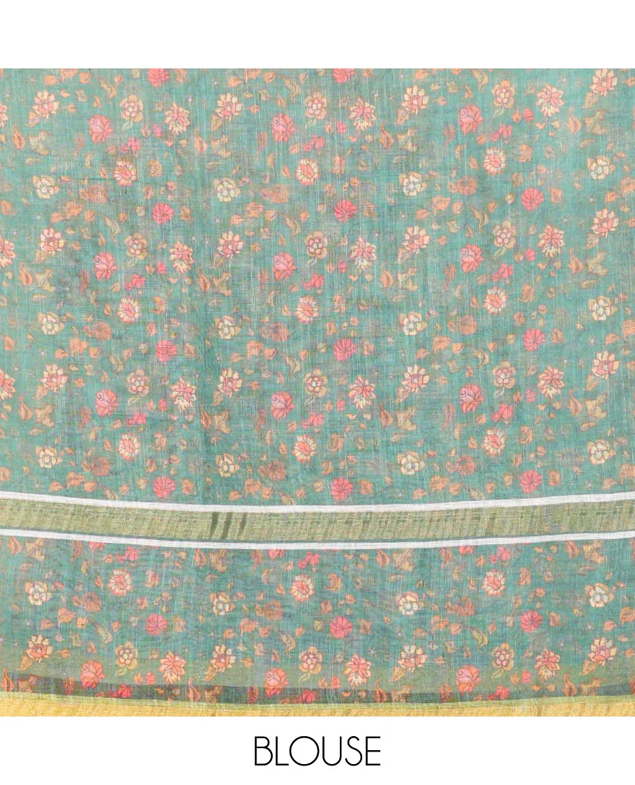Parrot Green Linen Saree Highlighted with Leaf Motifs All Over Its Body, Complemented by a Contrast Floral Vine Printed Border, Pallu Mirrors the Floral Vine Print, and Paired with a Contrast Floral Printed Blouse - Image 3
