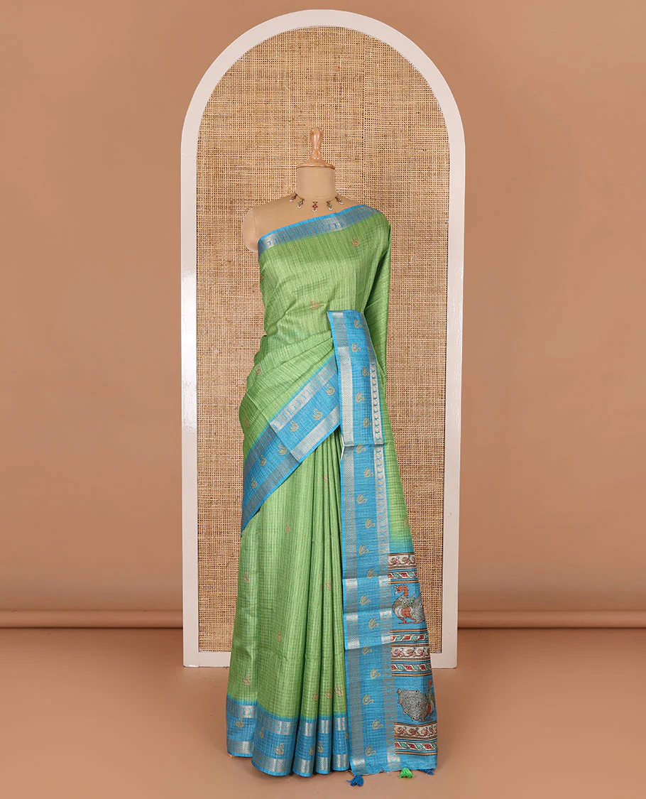 Parrot green micro-checked and swan motifs katan silk saree, contrast traditional zari border of swan motifs, printed pallu, and contrast buttas blouse - Image 2