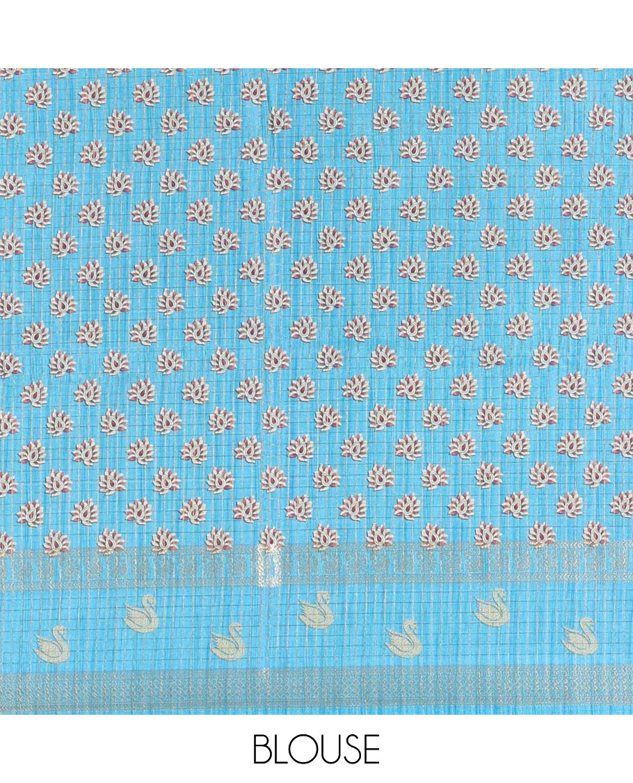 Parrot green micro-checked and swan motifs katan silk saree, contrast traditional zari border of swan motifs, printed pallu, and contrast buttas blouse - Image 4