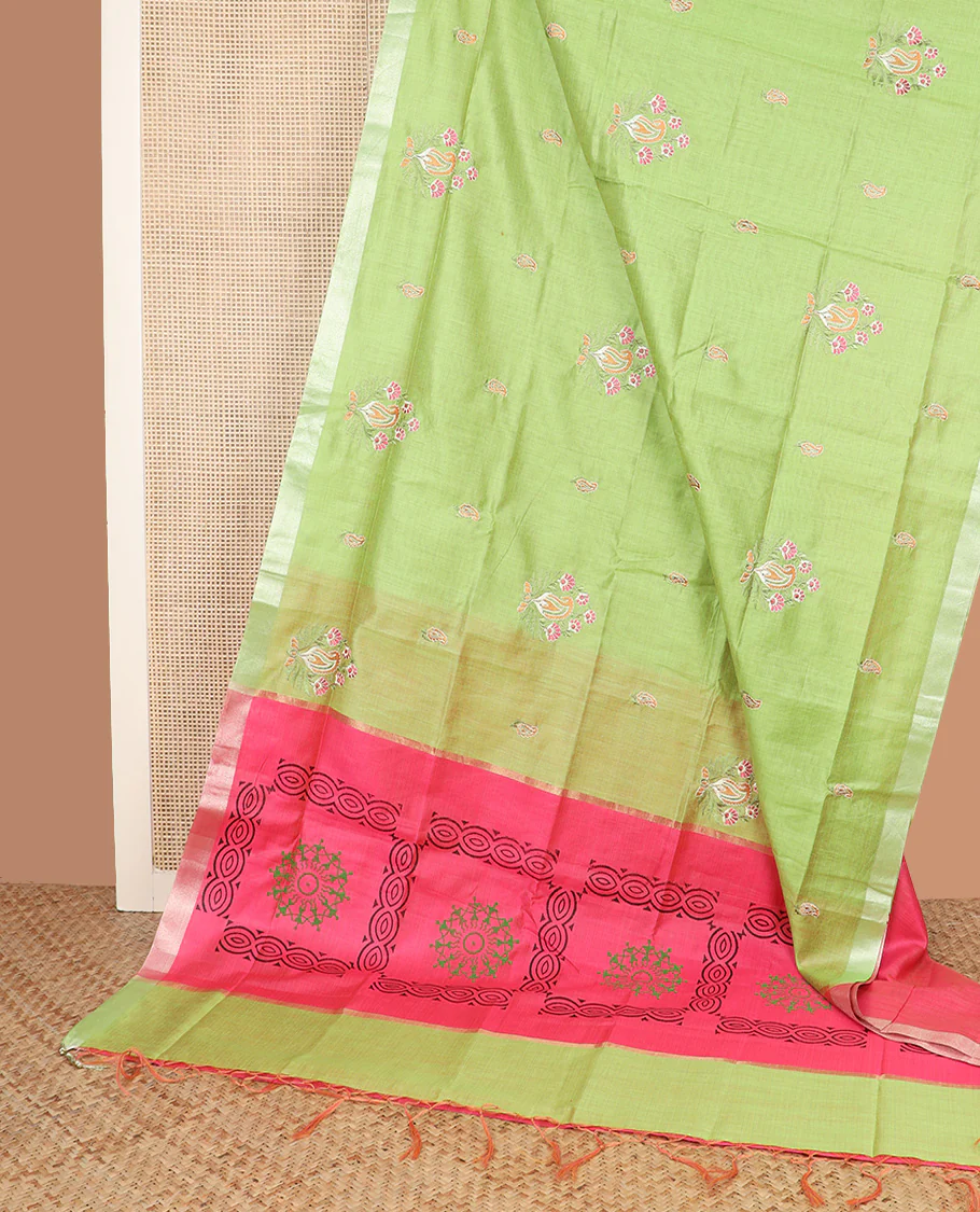 Parrot green paisley thread embroidered Chirala cotton saree, bavanji border, and contrast warli printed pallu - Image 2