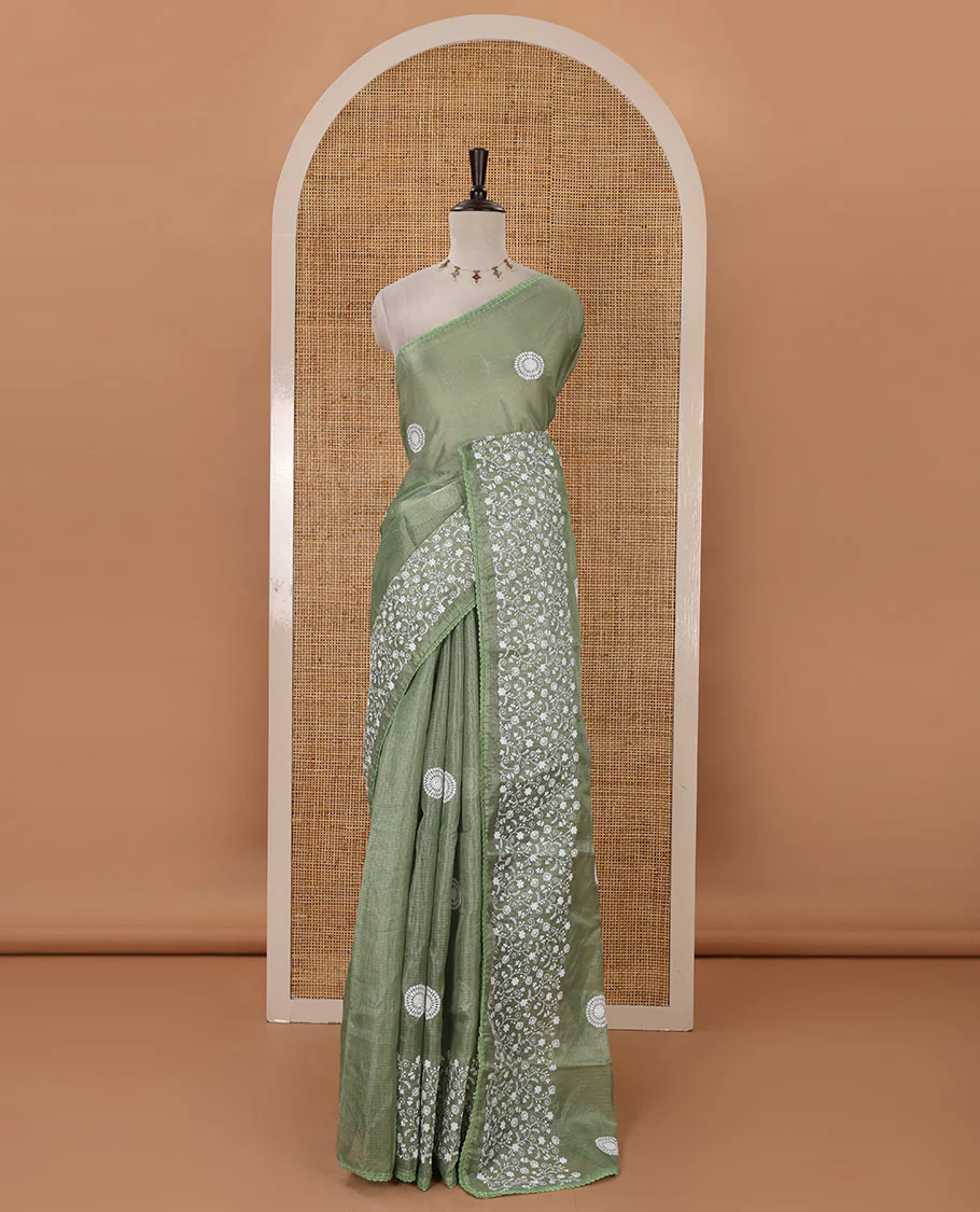 Parrot green plain & chikankari embroidered kota check saree, lace border, embroidered self-pallu & plain blouse - Image 2