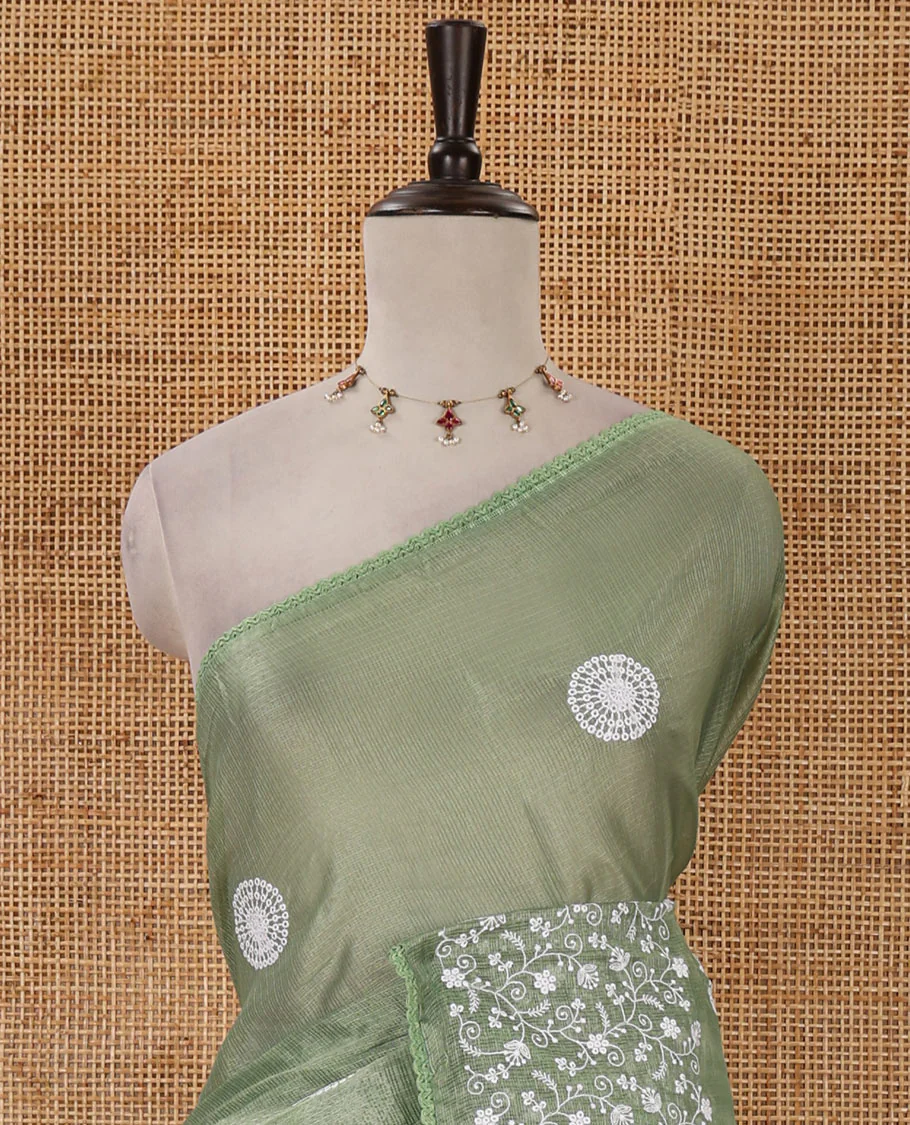 Parrot green plain & chikankari embroidered kota check saree, lace border, embroidered self-pallu & plain blouse - Image 3