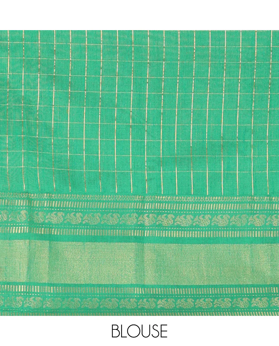 Parrot green polka dot butta enclosed checked semi-raw silk saree, contrast traditional zari design border, contrast diamond patterned pallu, and a contrast blouse - Image 3