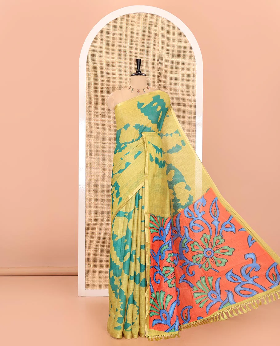 Parrot green shibori printed linen cotton saree, piping border, contrast floral printed pallu, and a contrast floral printed blouse