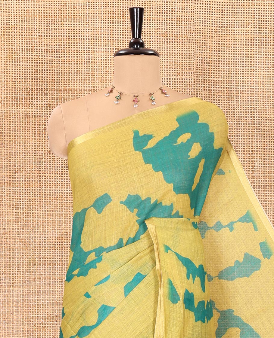 Parrot green shibori printed linen cotton saree, piping border, contrast floral printed pallu, and a contrast floral printed blouse - Image 2