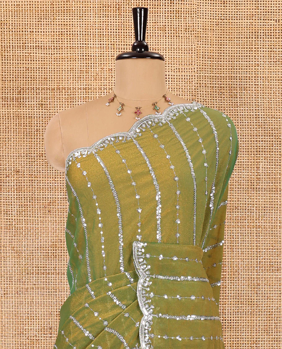 Parrot green vertical stripes embroidered shimmer chiffon saree, scallop embroidered border, embroidered pallu, and fancy embroidered matching blouse - Image 3