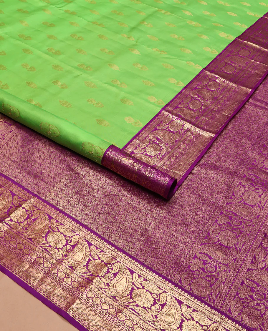 Parrot green zari buttas Vasundhara silk saree, contrast border of thilakam mokku, kathir, floral, manga, thilakam, neli, and diamond designs, and jaal pallu - Image 2
