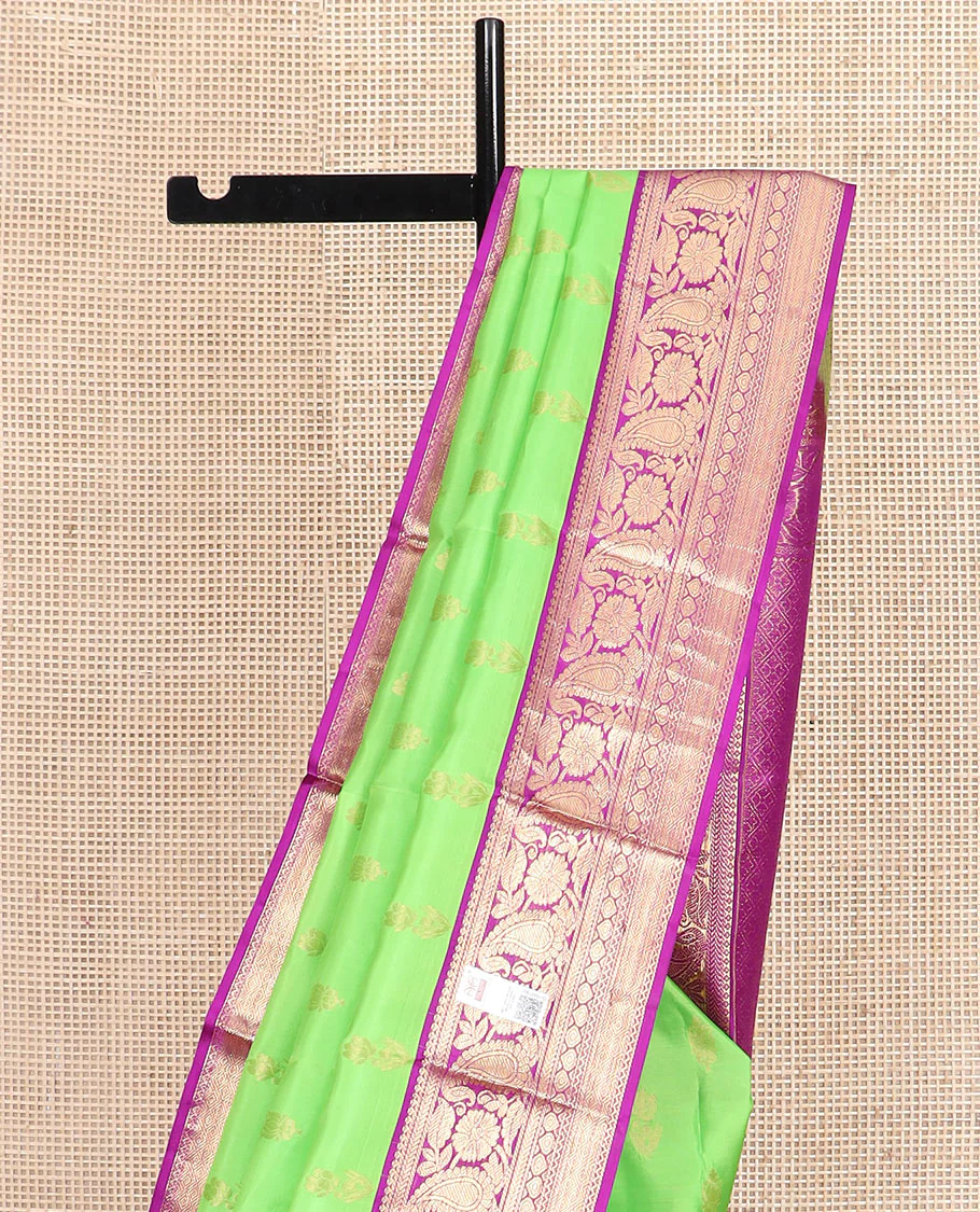 Parrot green zari buttas Vasundhara silk saree, contrast border of thilakam mokku, kathir, floral, manga, thilakam, neli, and diamond designs, and jaal pallu - Image 3