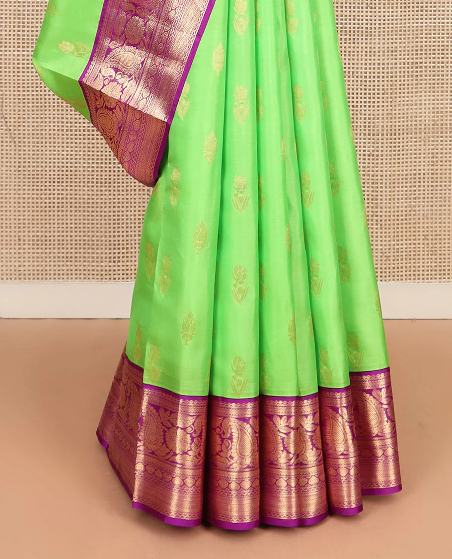 Parrot green zari buttas Vasundhara silk saree, contrast border of thilakam mokku, kathir, floral, manga, thilakam, neli, and diamond designs, and jaal pallu - Image 4