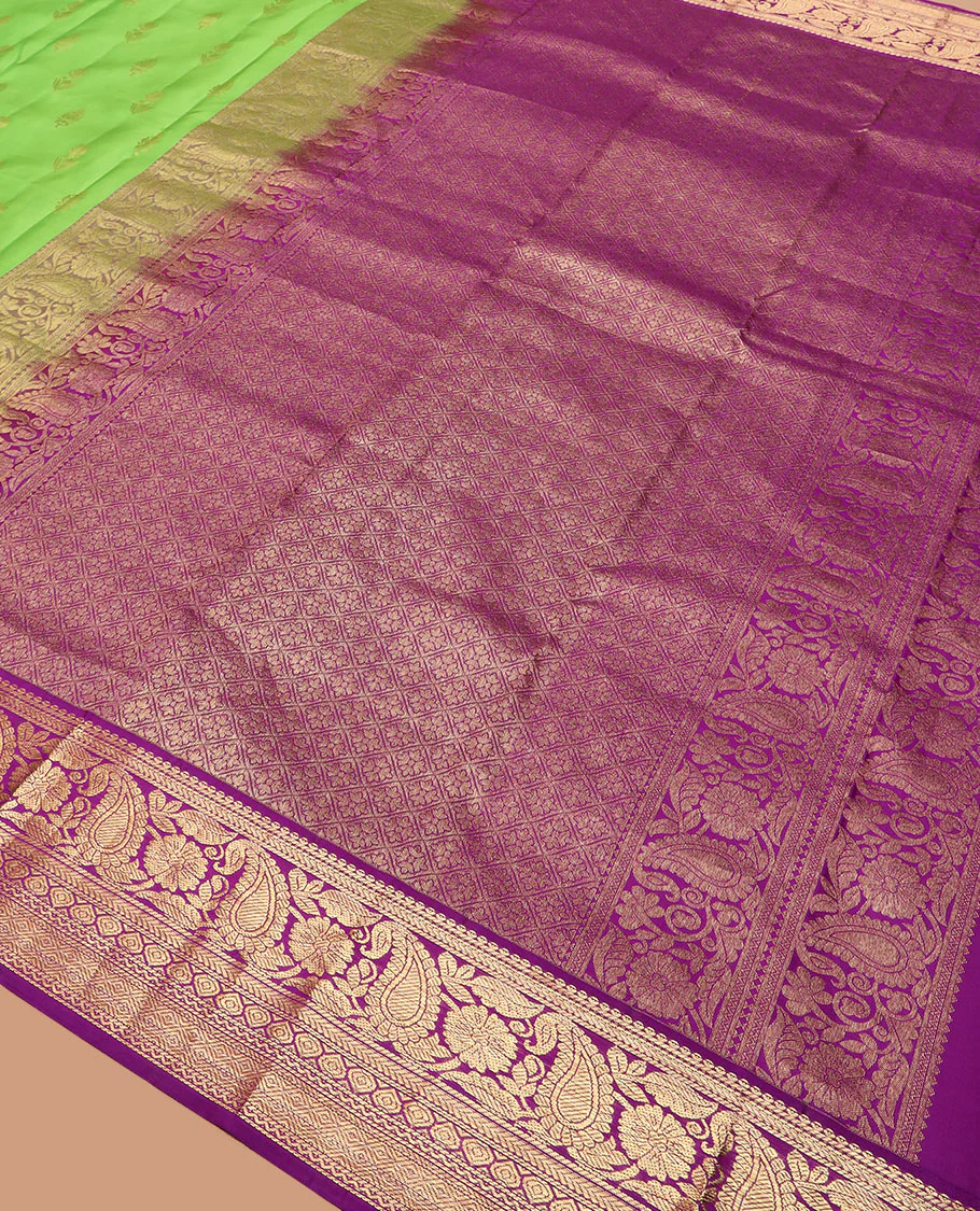 Parrot green zari buttas Vasundhara silk saree, contrast border of thilakam mokku, kathir, floral, manga, thilakam, neli, and diamond designs, and jaal pallu - Image 5
