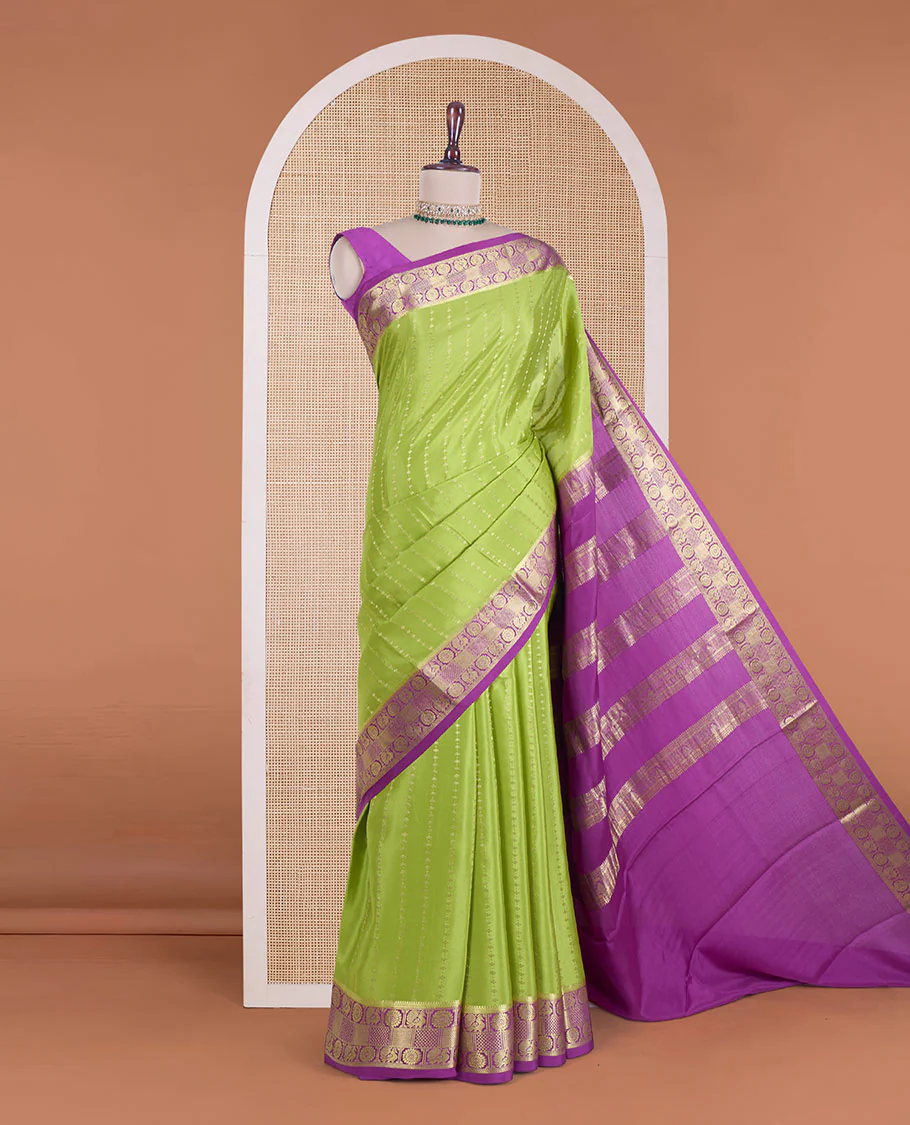 Parrot green zari design Mysore silk saree, contrast peacock chakra motifs border, and traditional zari design woven pallu - Image 2