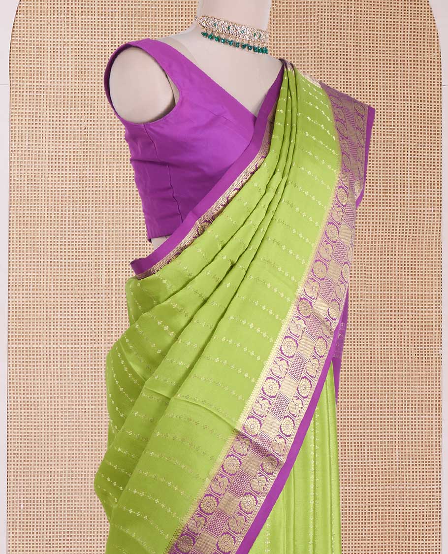 Parrot green zari design Mysore silk saree, contrast peacock chakra motifs border, and traditional zari design woven pallu - Image 3