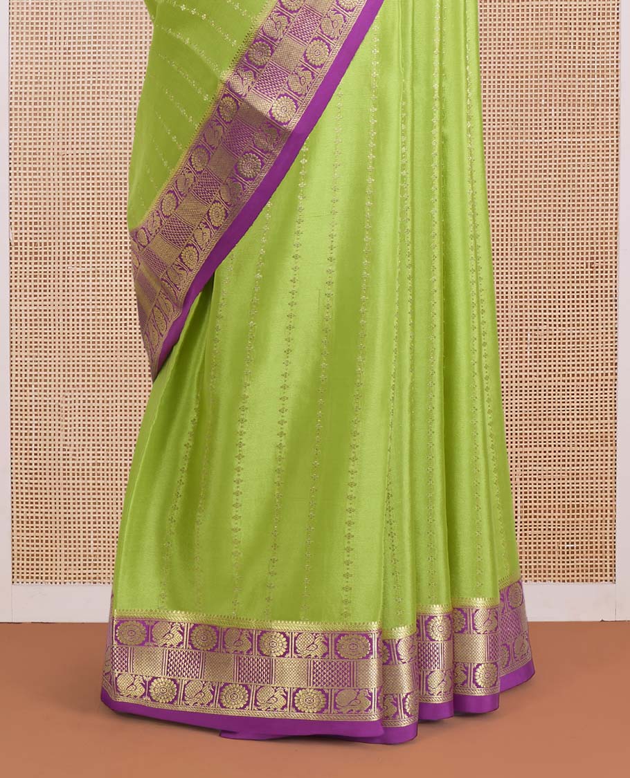 Parrot green zari design Mysore silk saree, contrast peacock chakra motifs border, and traditional zari design woven pallu - Image 4