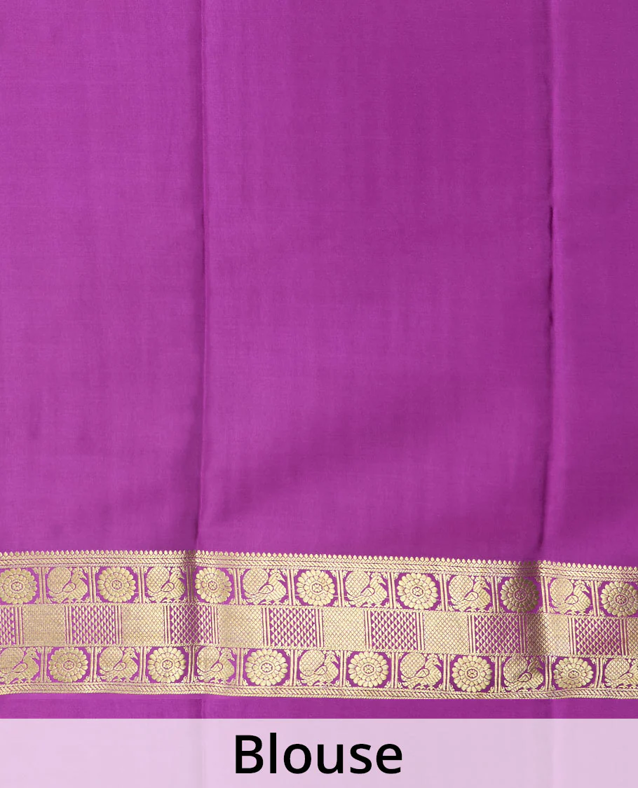 Parrot green zari design Mysore silk saree, contrast peacock chakra motifs border, and traditional zari design woven pallu - Image 5