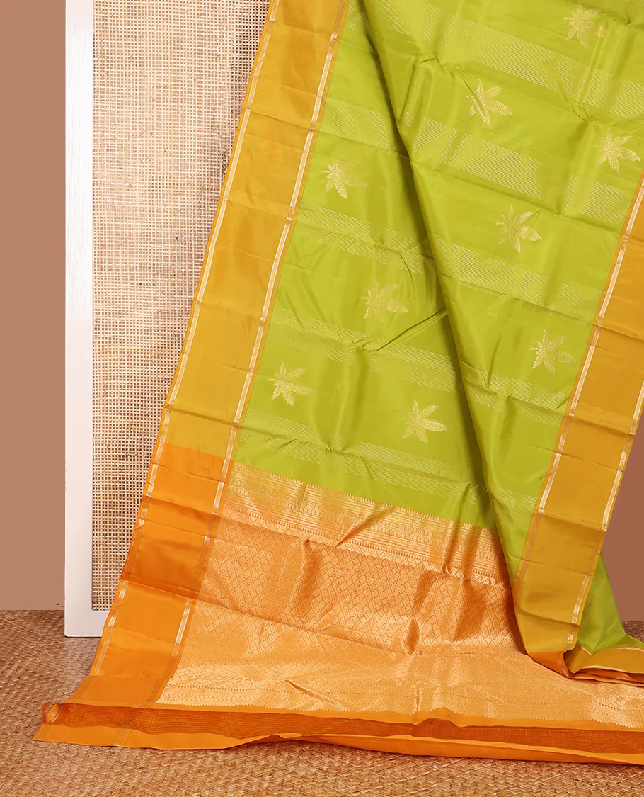 Parrot green zari design Vasundhara Lite Silk Mix Saree, contrast rettai pettu border of muthu designs, and jaal pallu - Image 3