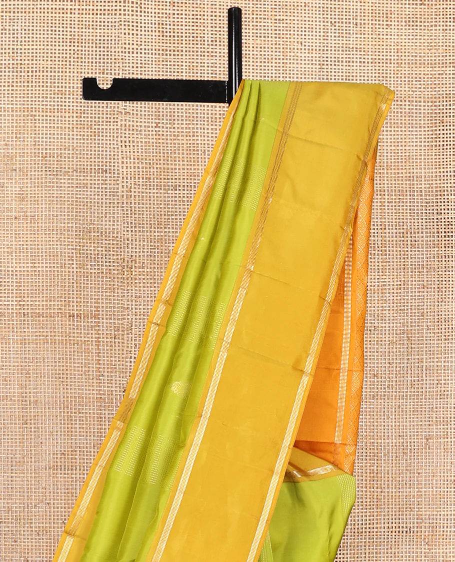 Parrot green zari design Vasundhara Lite Silk Mix Saree, contrast rettai pettu border of muthu designs, and jaal pallu - Image 4