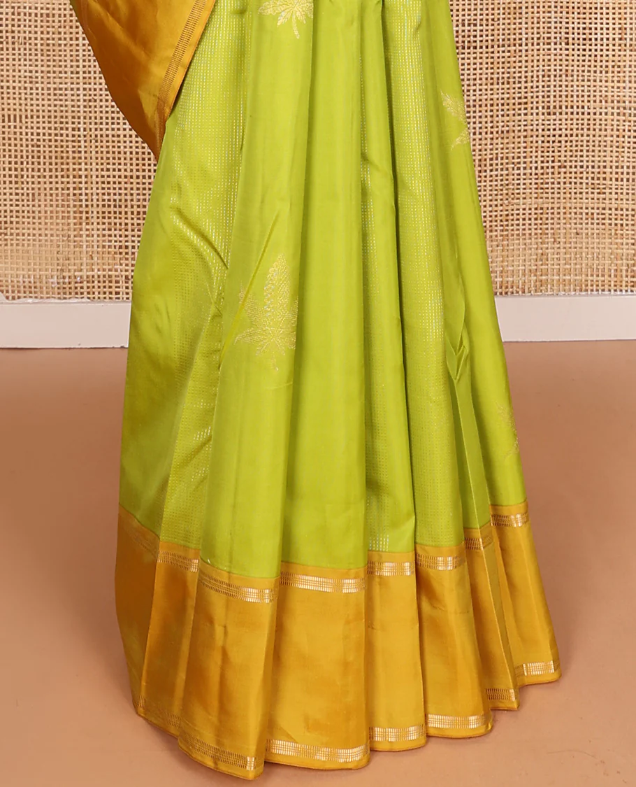 Parrot green zari design Vasundhara Lite Silk Mix Saree, contrast rettai pettu border of muthu designs, and jaal pallu - Image 5