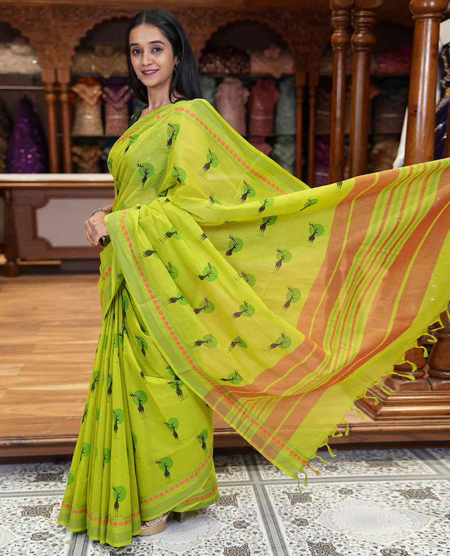 Parrot green deer motifs printed Mangalagiri cotton saree, traditional motifs thread border, striped pallu, and matching blouse - Image 2