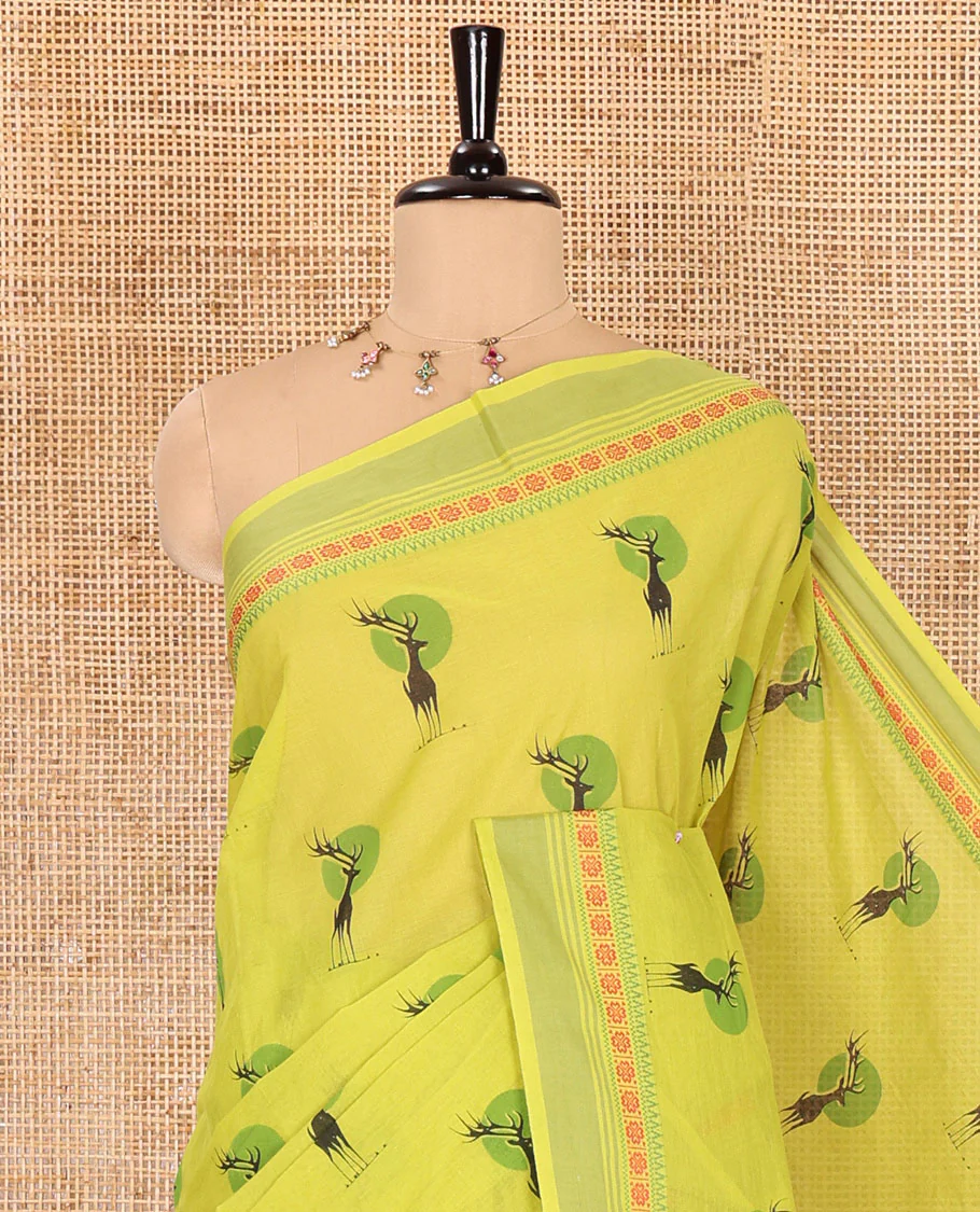 Parrot green deer motifs printed Mangalagiri cotton saree, traditional motifs thread border, striped pallu, and matching blouse - Image 4