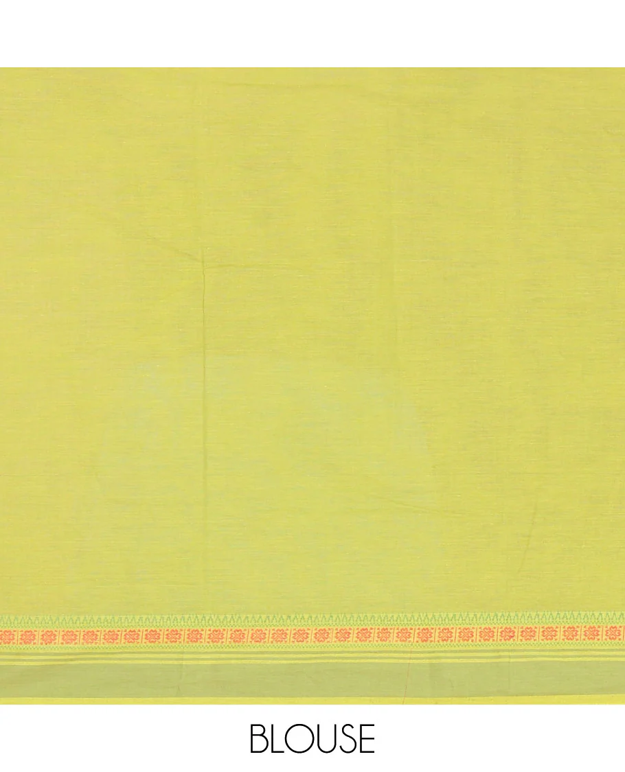 Parrot green deer motifs printed Mangalagiri cotton saree, traditional motifs thread border, striped pallu, and matching blouse - Image 5