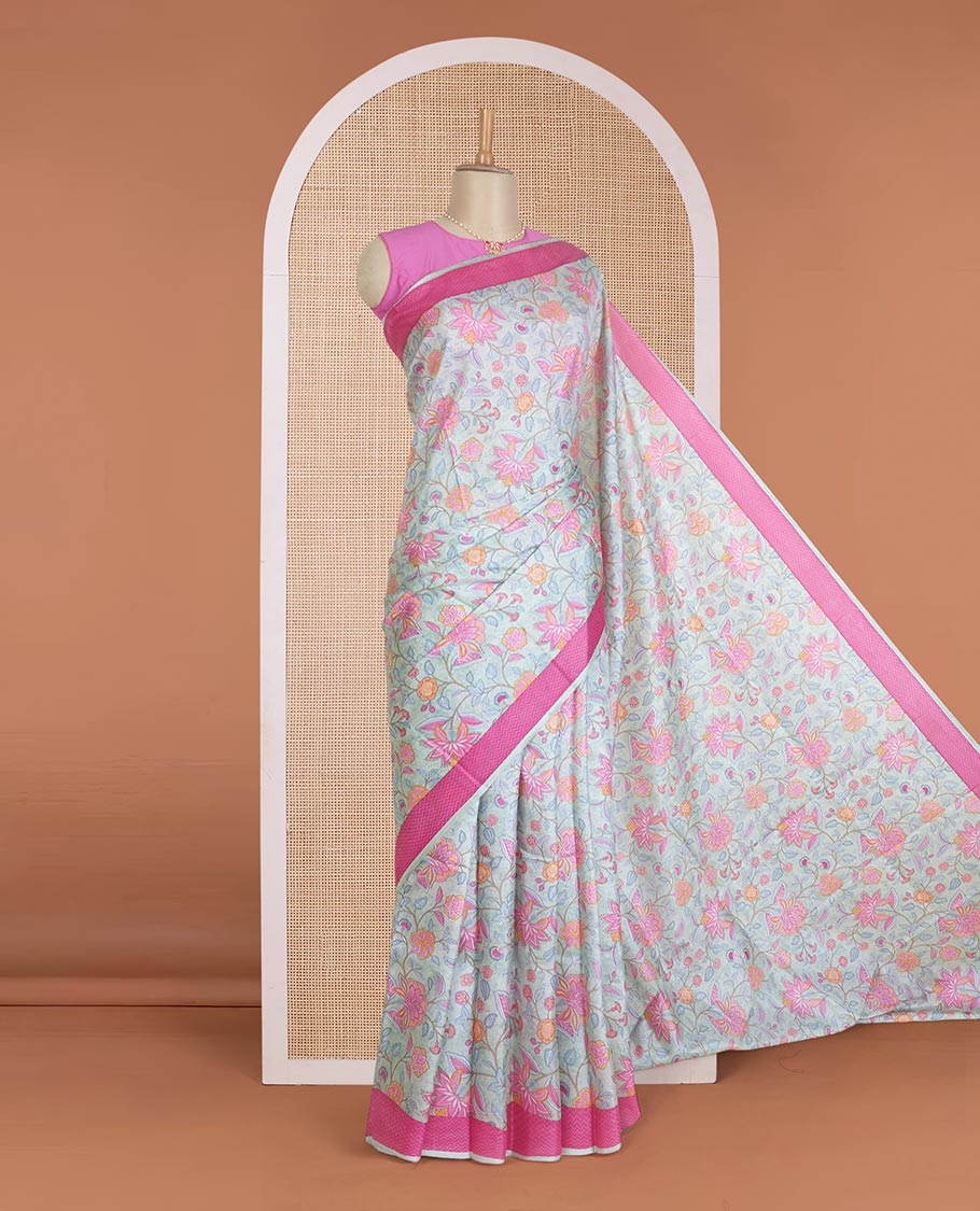 Pastel blue floral motifs printed silk saree, contrast chevron border, and chevron printed pallu - Image 2