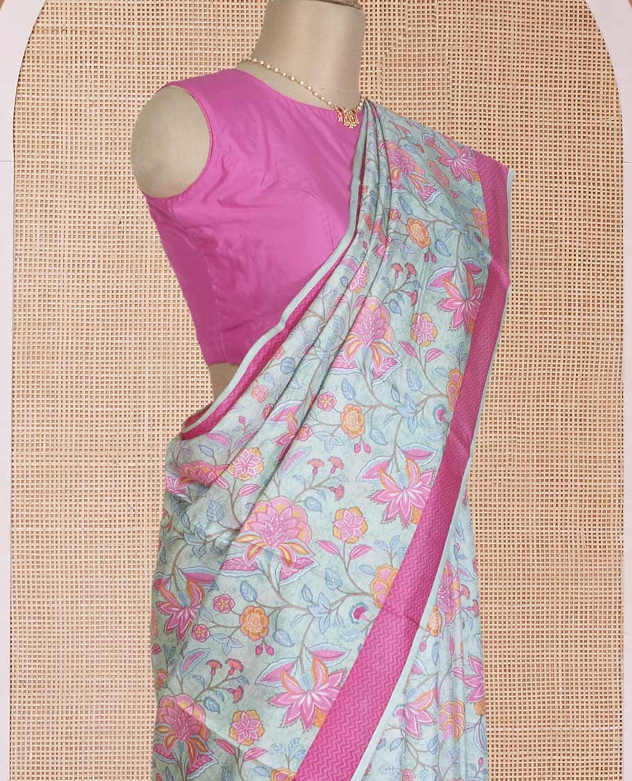 Pastel blue floral motifs printed silk saree, contrast chevron border, and chevron printed pallu - Image 3