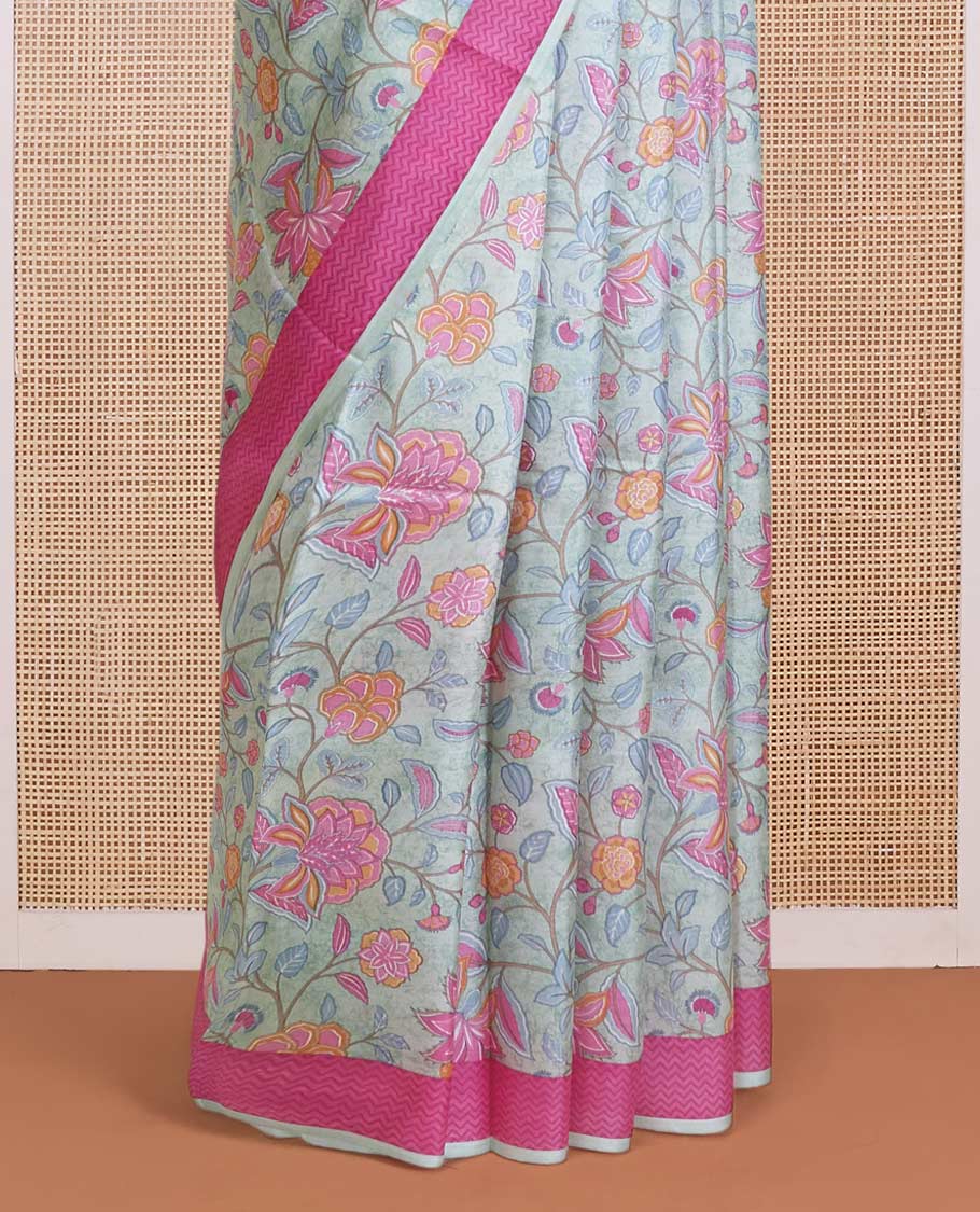 Pastel blue floral motifs printed silk saree, contrast chevron border, and chevron printed pallu - Image 4
