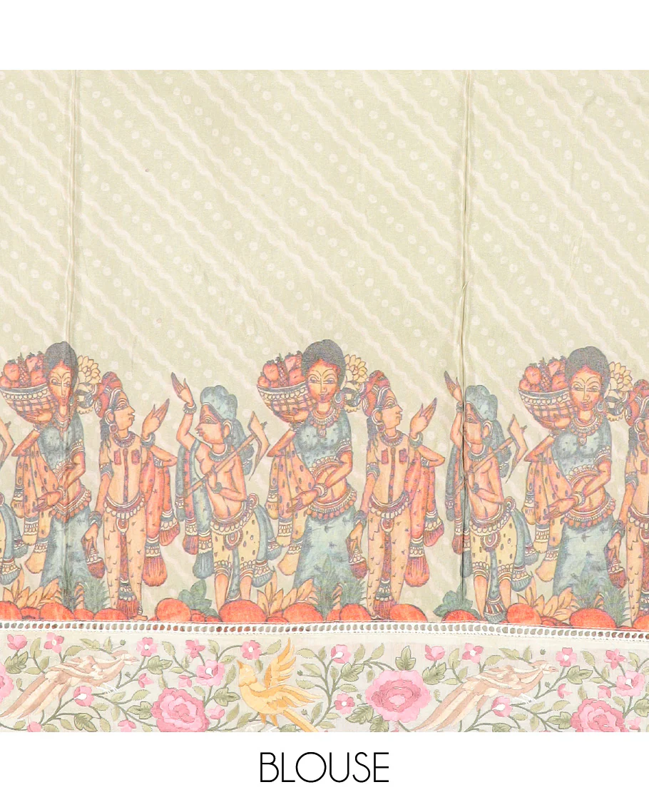 Pastel green buttas with bandhani and kalamkari floral-human motifs printed dola silk saree, contrast floral embroidered scallop border - Image 5