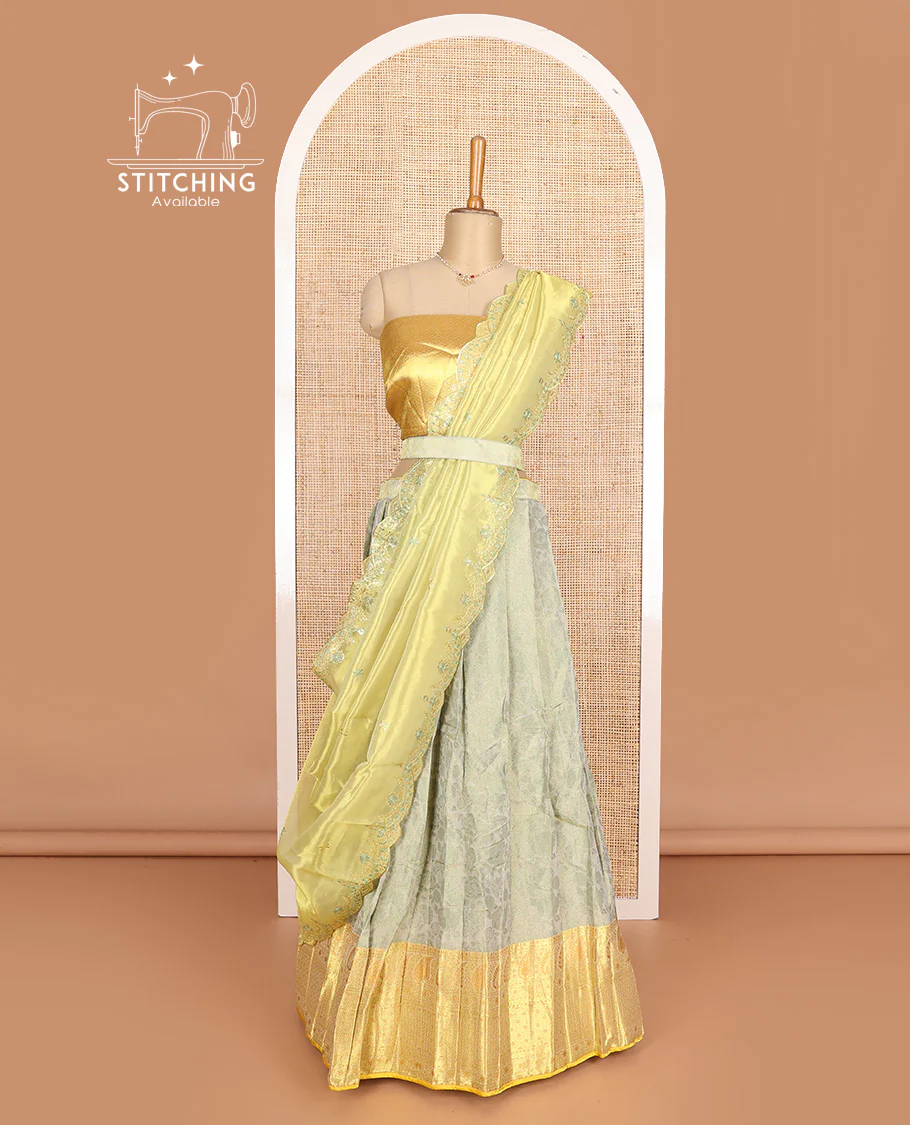 Pastel grey art silk half-saree, floral vine with contrast traditional border skirt, brocade blouse, scallop thread embroidered dhavani, and detachable belt - Image 3