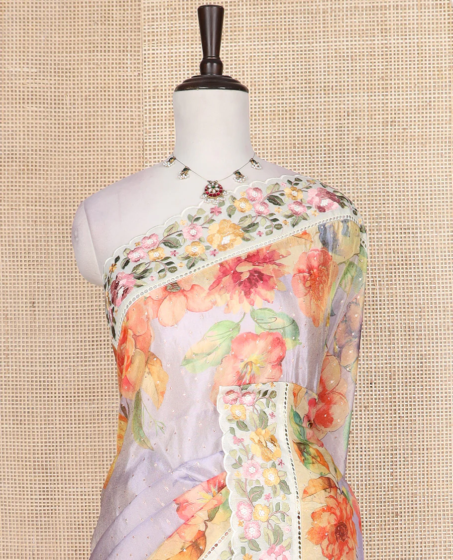 Pastel lavender buttas with floral printed dola silk saree, contrast floral embroidered scallop border - Image 3
