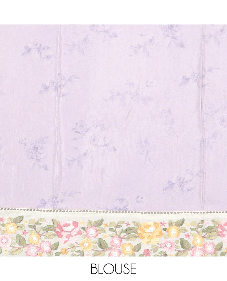 Pastel lavender buttas with floral printed dola silk saree, contrast floral embroidered scallop border - Image 5