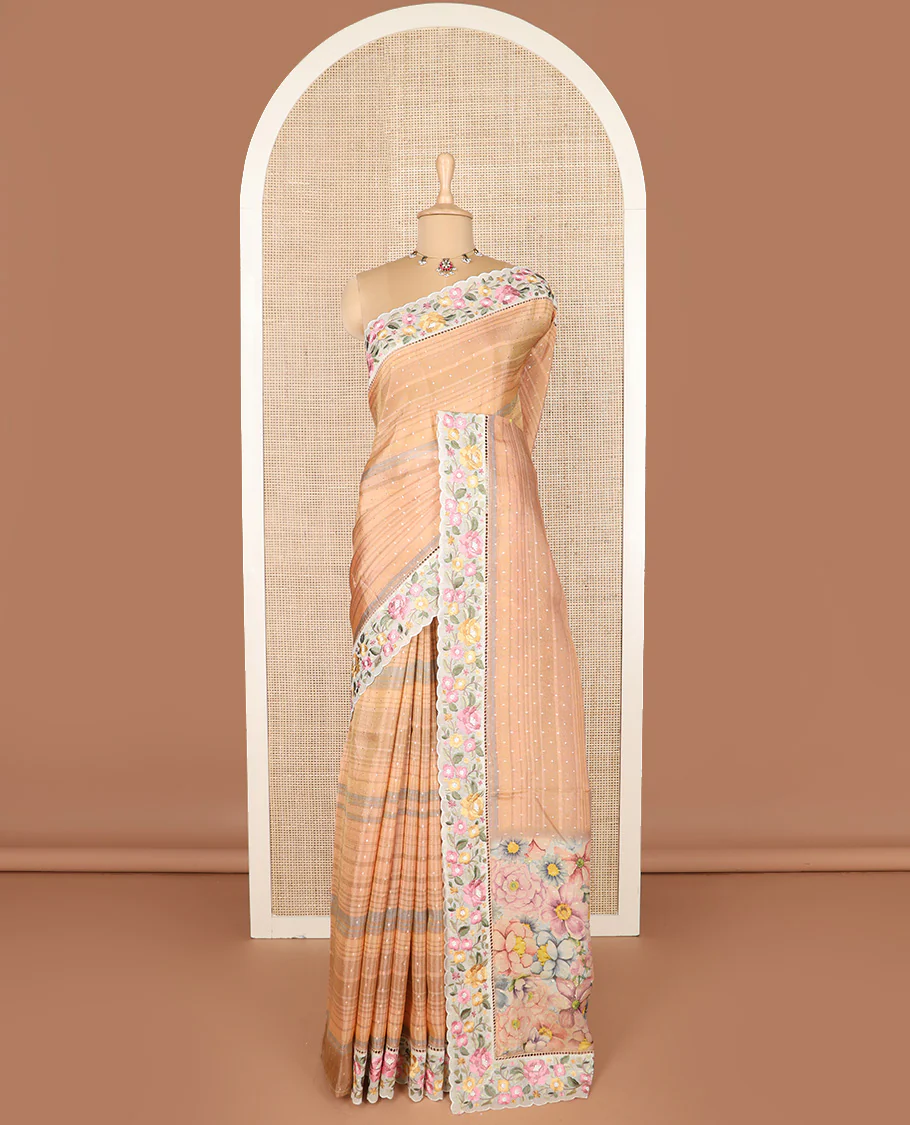 Pastel orange dobby-style buttas dola silk saree, contrast floral embroidered scallop border, and floral printed pallu - Image 2