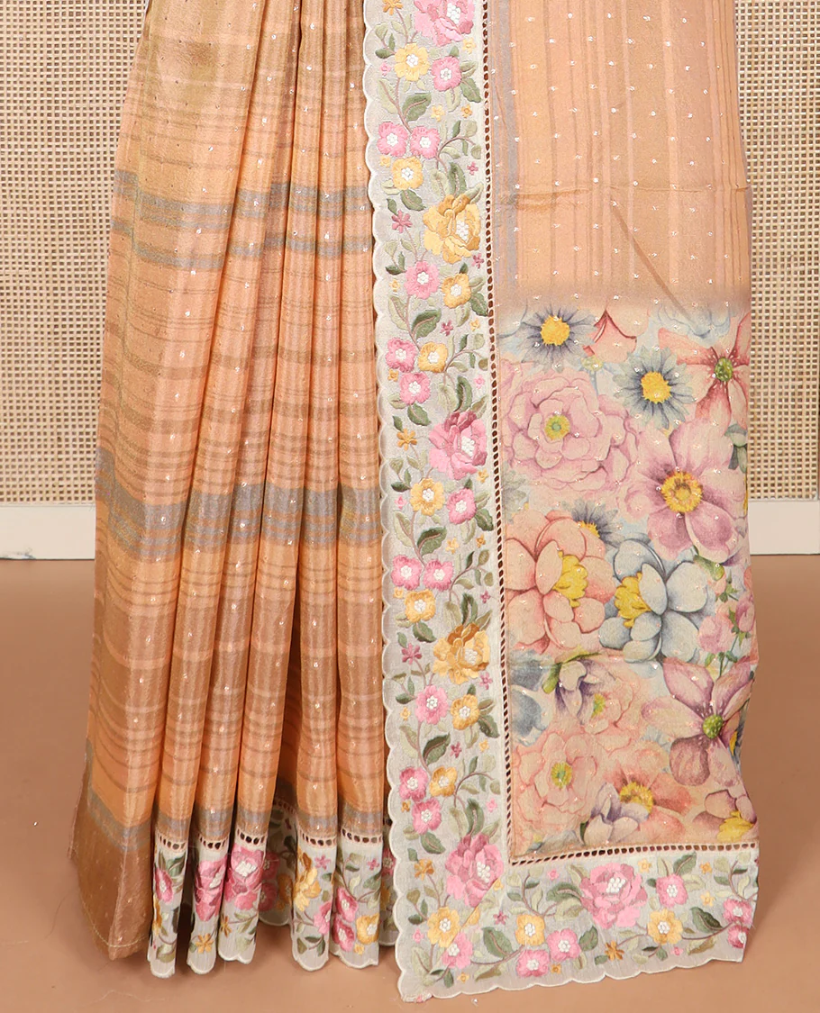 Pastel orange dobby-style buttas dola silk saree, contrast floral embroidered scallop border, and floral printed pallu - Image 4