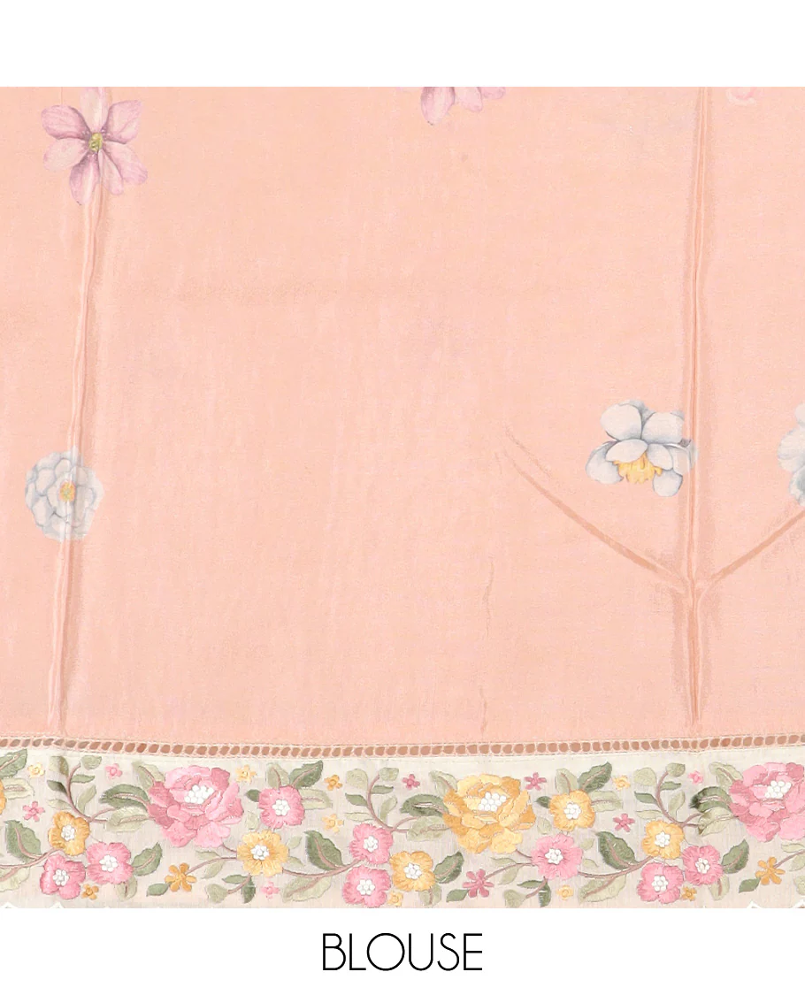 Pastel orange dobby-style buttas dola silk saree, contrast floral embroidered scallop border, and floral printed pallu - Image 5