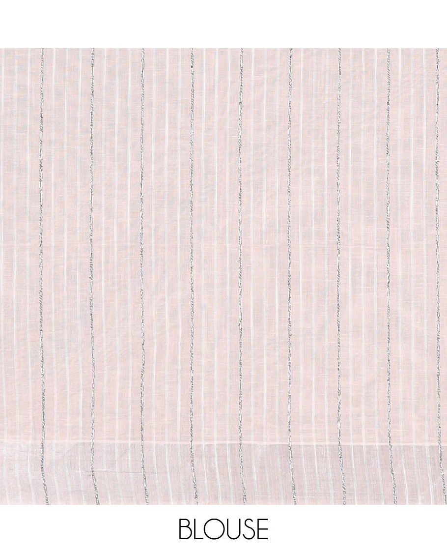 Pastel orange hand-brushing-style floral printed jute cotton saree, zari & printed border & striped pallu - Image 2