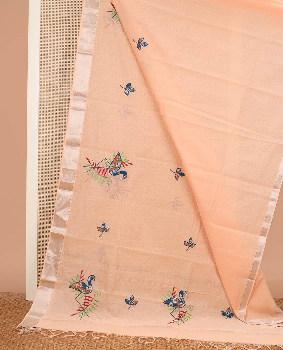 Pastel orange sparsely striped with flamingo patch and thread embroidered chirala cotton saree, temple zari border and pallu of flamingo patch and thread embroidery - Image 2