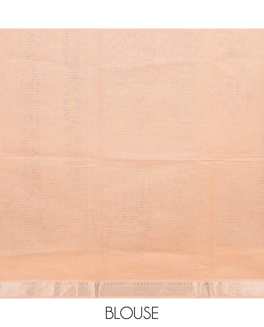 Pastel orange sparsely striped with flamingo patch and thread embroidered chirala cotton saree, temple zari border and pallu of flamingo patch and thread embroidery - Image 3