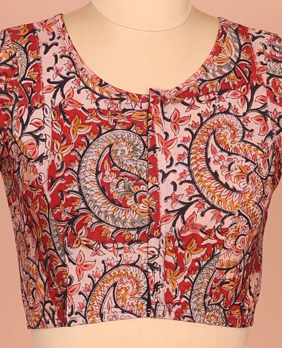 Pastel Pink and Red Cotton Readymade Blouse Decorated with All-Over Big Paisley and Floral Vine Print, Featuring a Front Round-Neck, a Closed Back Neck, and Elbow Sleeves - Image 3