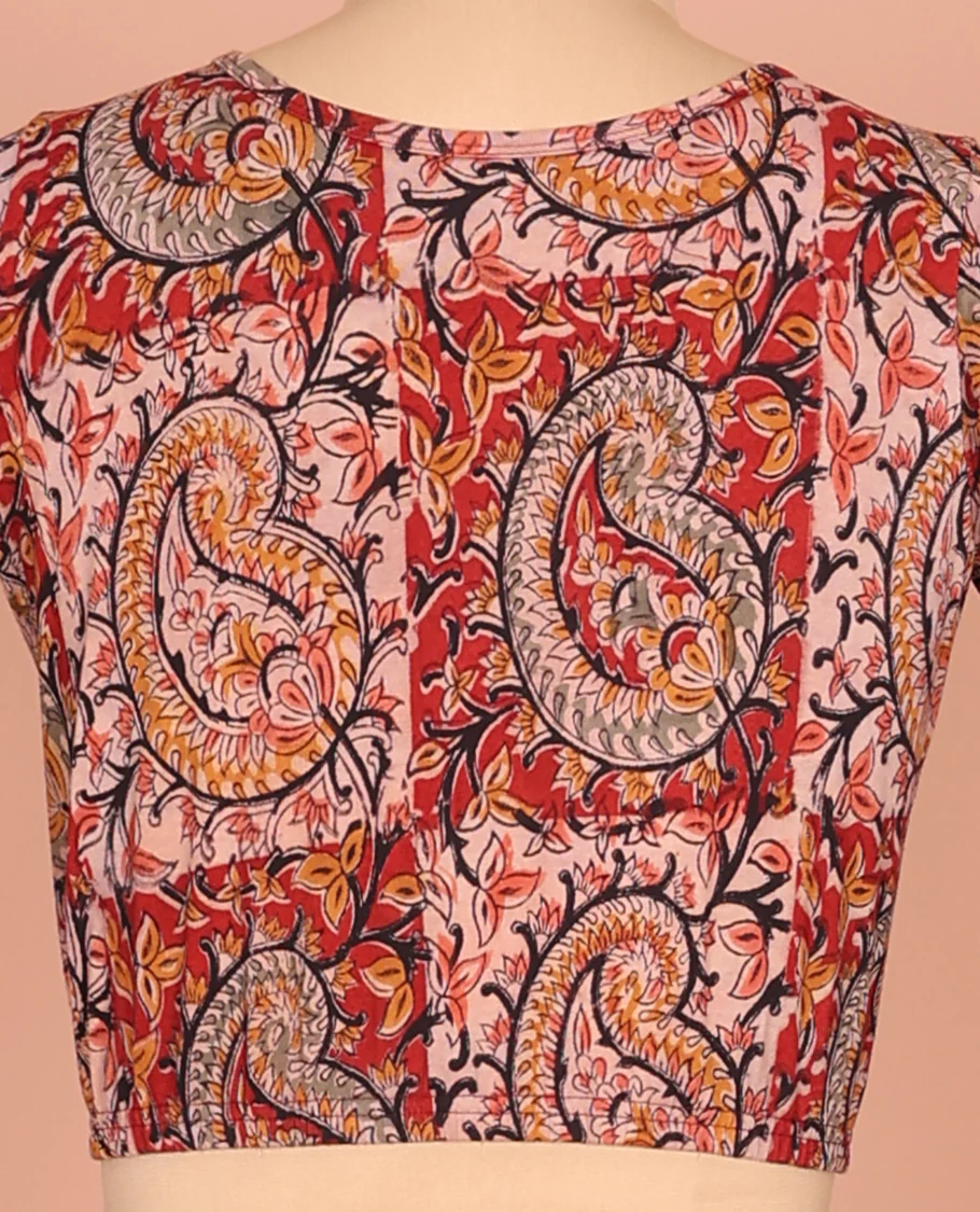 Pastel Pink and Red Cotton Readymade Blouse Decorated with All-Over Big Paisley and Floral Vine Print, Featuring a Front Round-Neck, a Closed Back Neck, and Elbow Sleeves - Image 4