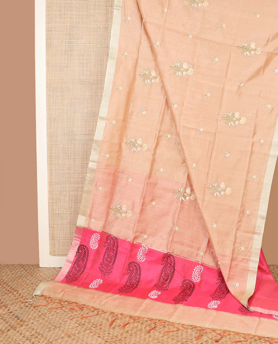 Pastel pink floral bouquet embroidered chirala cotton saree, plain border, and contrast block printed pallu - Image 2