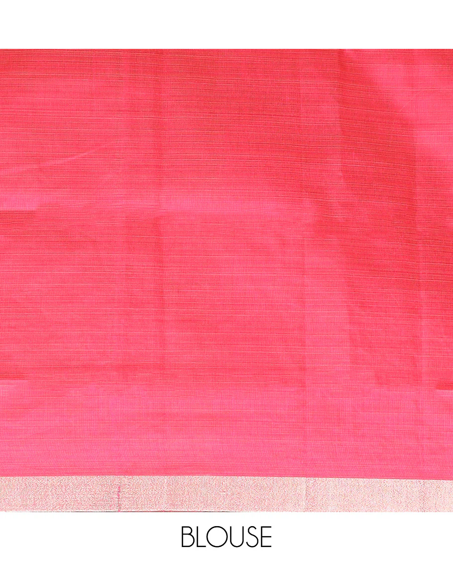 Pastel pink floral bouquet embroidered chirala cotton saree, plain border, and contrast block printed pallu - Image 3
