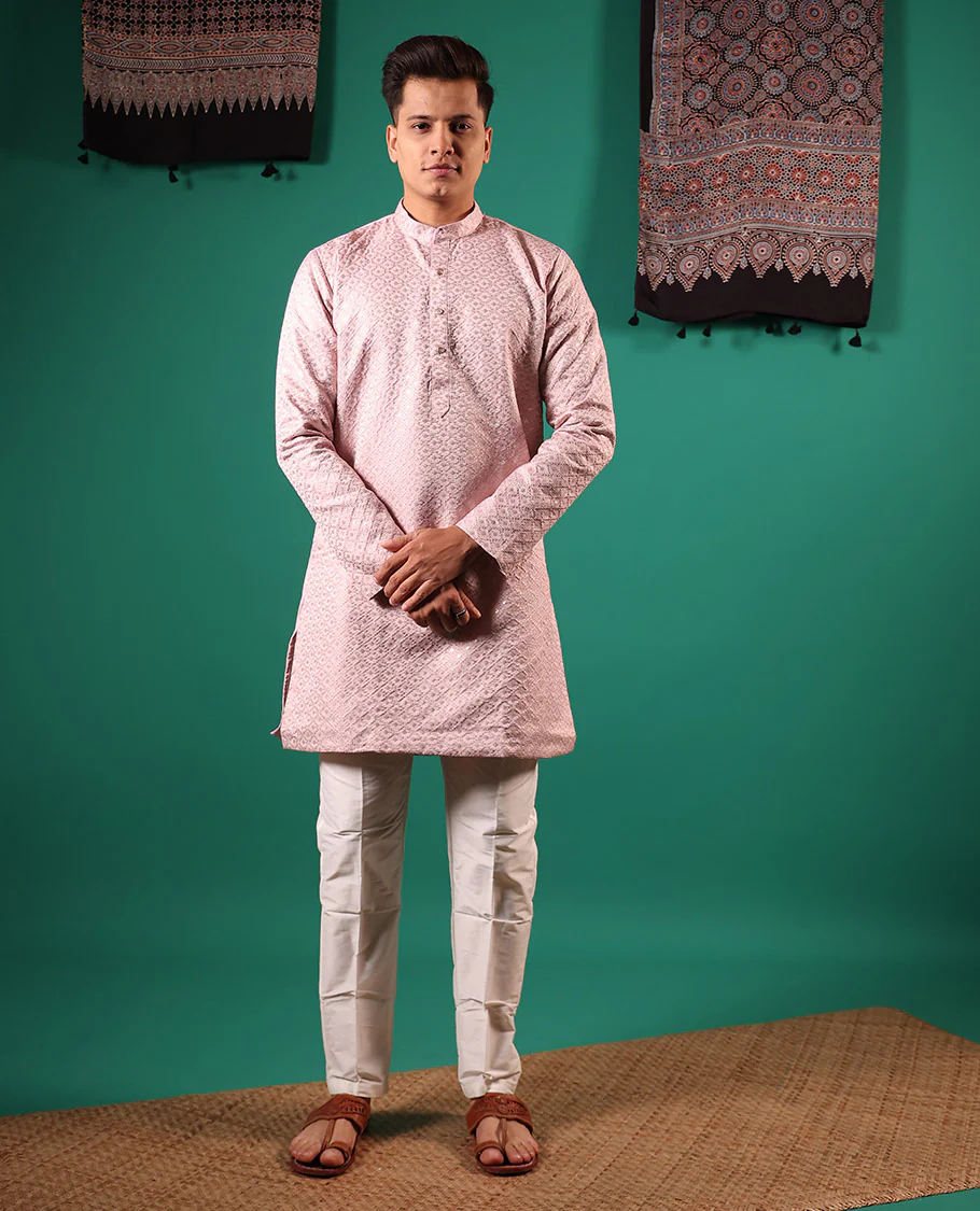 Pastel pink jaal pattern sequins embroidered full-sleeved men's kurta - Image 2
