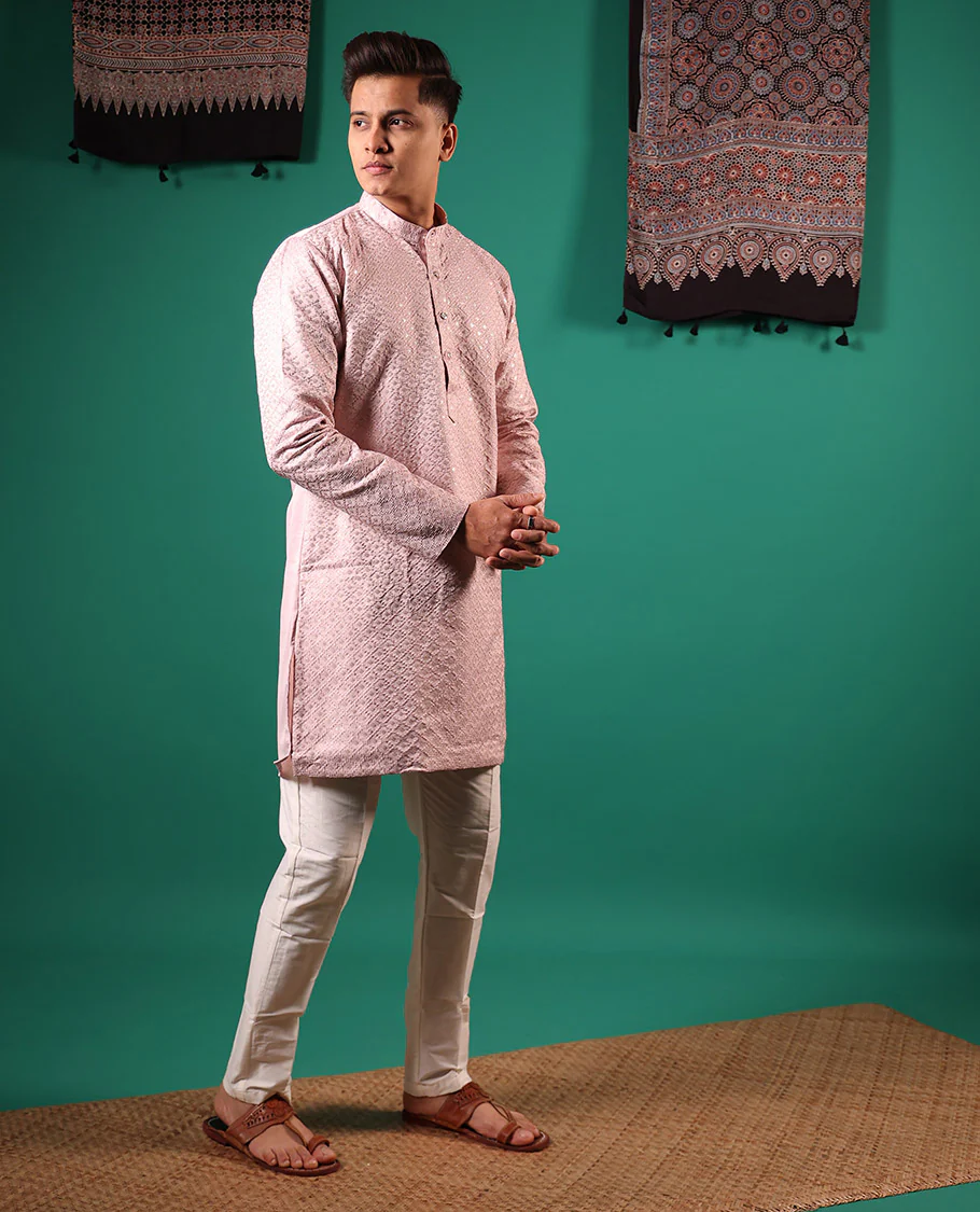 Pastel pink jaal pattern sequins embroidered full-sleeved men's kurta - Image 3
