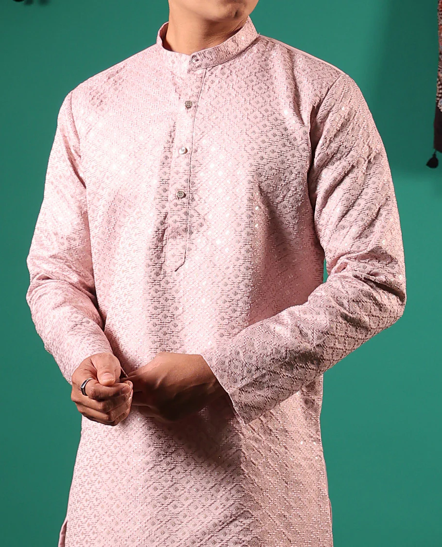 Pastel pink jaal pattern sequins embroidered full-sleeved men's kurta - Image 4