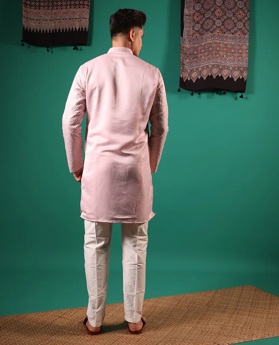 Pastel pink jaal pattern sequins embroidered full-sleeved men's kurta - Image 5