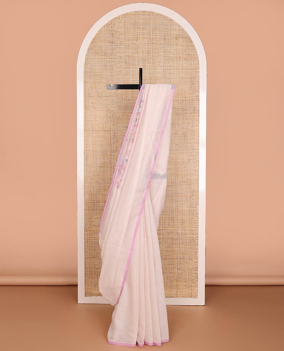 Pastel pink printed Chanderi cotton saree features floral motifs all over its border & pallu, contrast plain border - Image 3
