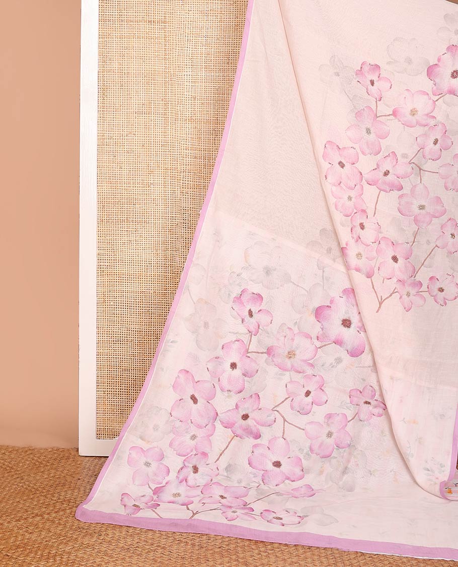 Pastel pink printed Chanderi cotton saree features floral motifs all over its border & pallu, contrast plain border - Image 4