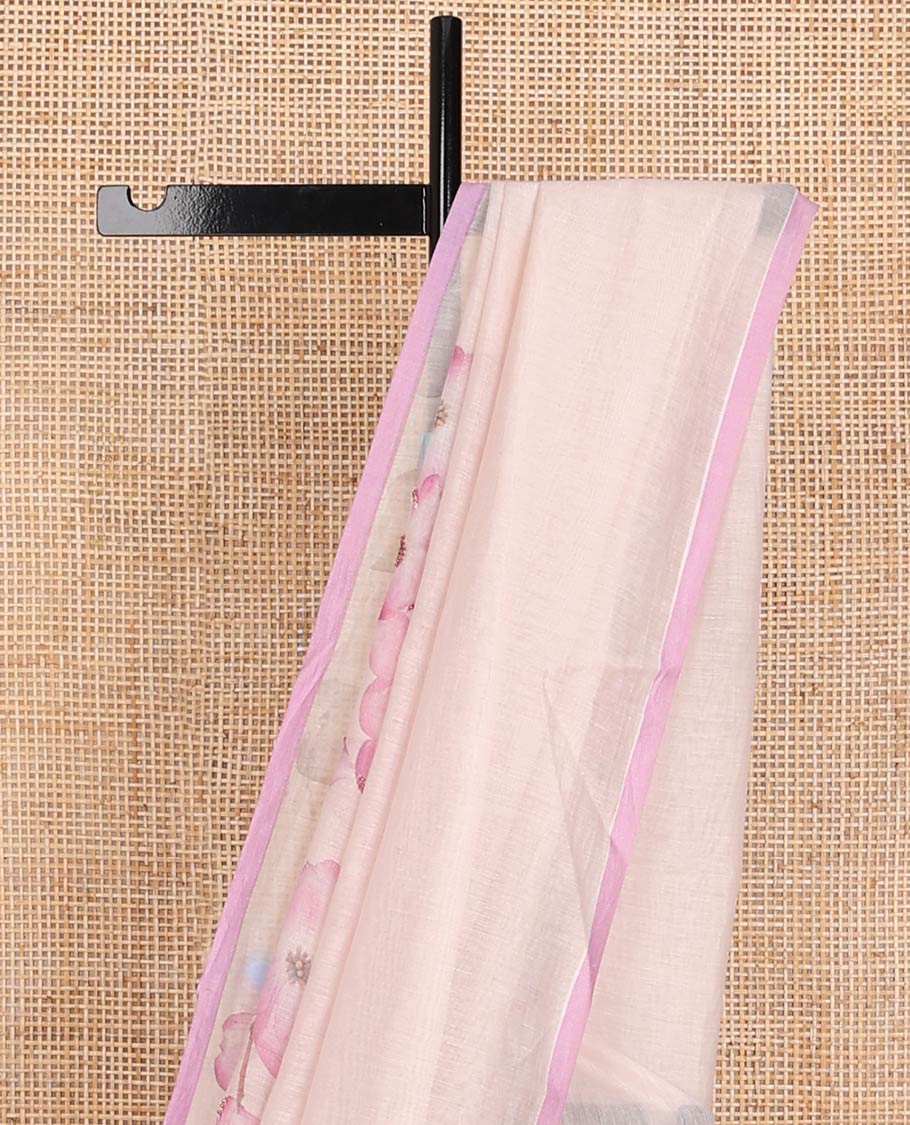 Pastel pink printed Chanderi cotton saree features floral motifs all over its border & pallu, contrast plain border - Image 5