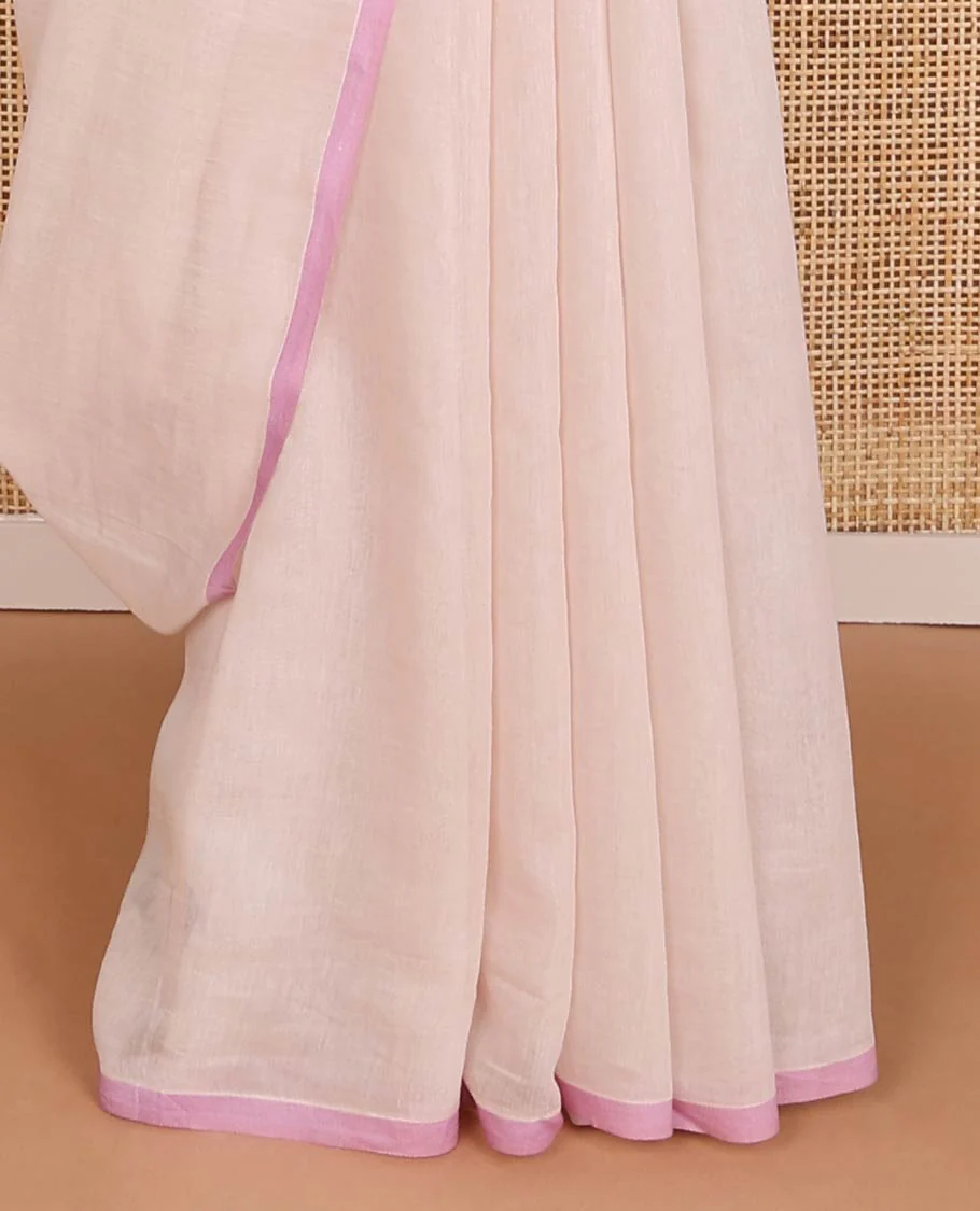 Pastel pink printed Chanderi cotton saree features floral motifs all over its border & pallu, contrast plain border - Image 6